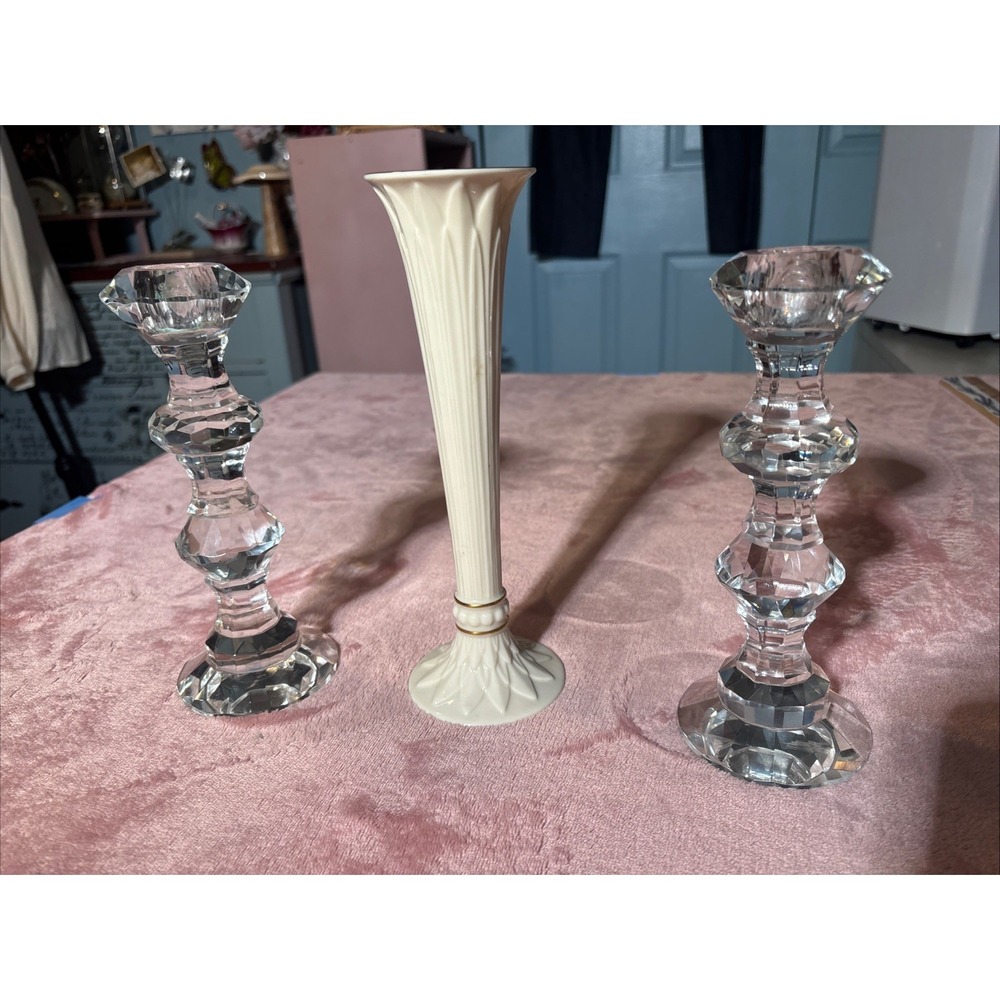 Lenox Lot Of 3 Includes Crystal Candle Sticks And Porcelain Bud Vase